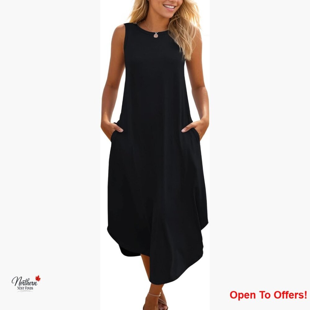 Women's Casual Sleeveless Maxi Dress with Pockets, Split Hem